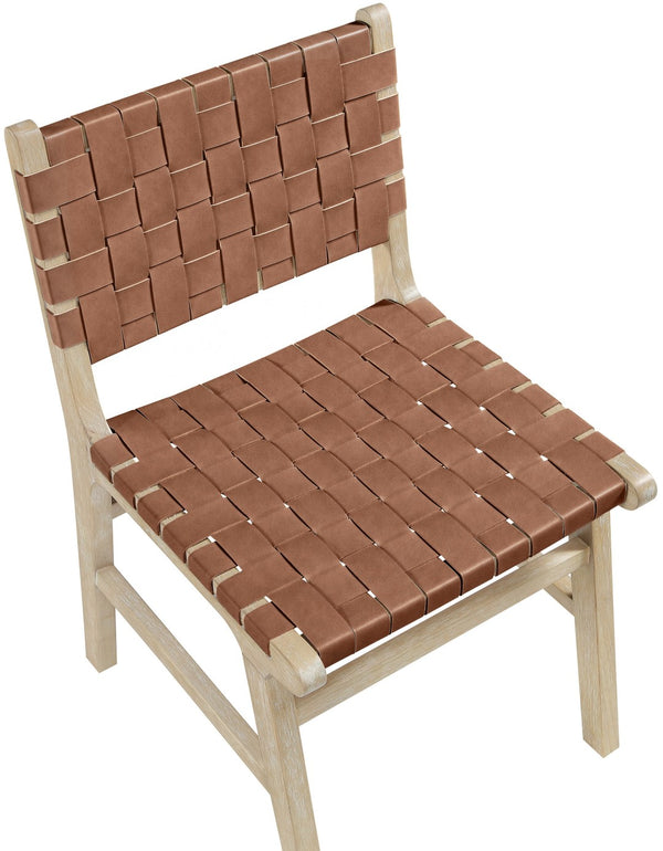 Meridian Furniture Entwine Art Deco Woven Vegan Leather Dining Chair with Cerused Wood Frame for Elegant Brown Style A 77025Brown-C