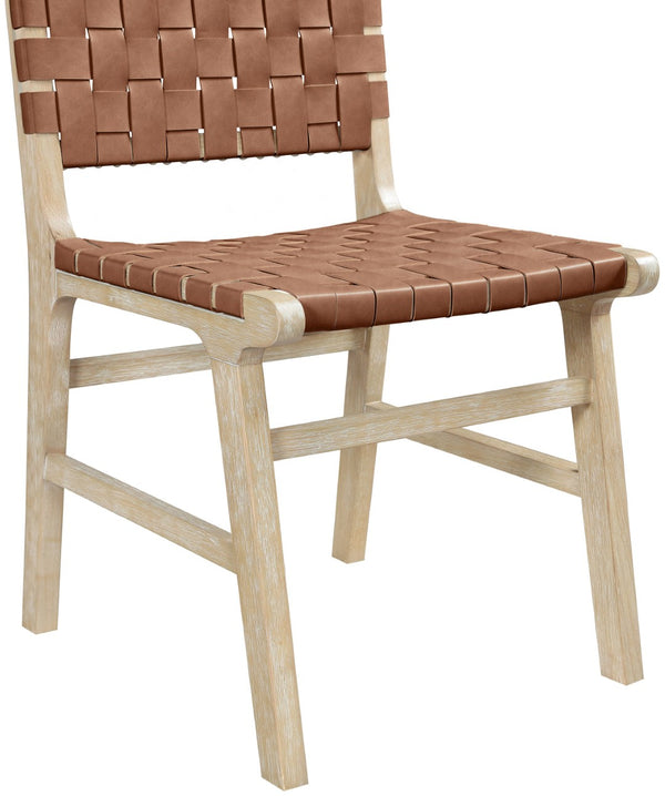 Meridian Furniture Entwine Art Deco Woven Vegan Leather Dining Chair with Cerused Wood Frame for Elegant Brown Style A 77025Brown-C