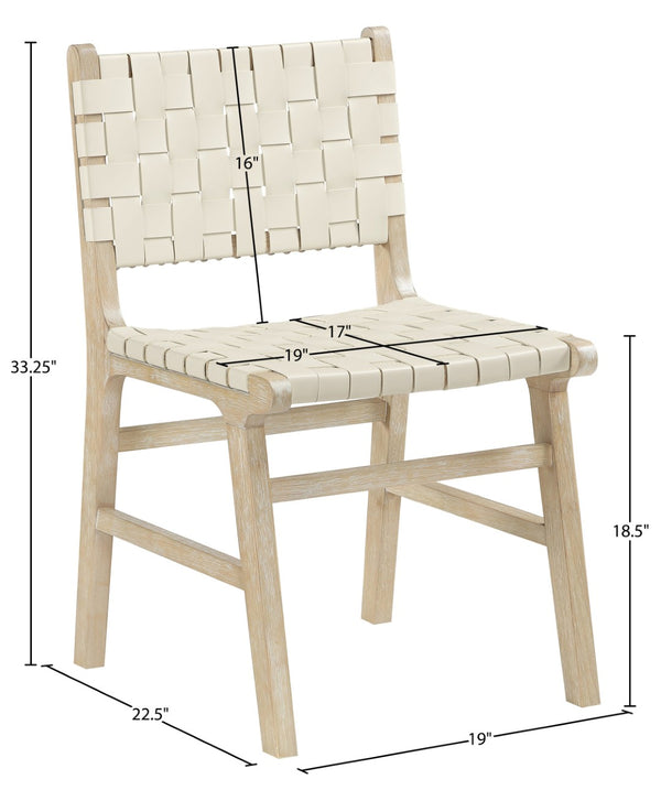 Meridian Furniture Entwine Art Deco Woven Vegan Leather Dining Chair with Cerused Wood Frame for Elegant Cream Style A 77025Cream-C