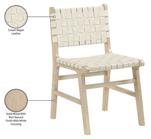 Meridian Furniture Entwine Art Deco Woven Vegan Leather Dining Chair with Cerused Wood Frame for Elegant Cream Style A 77025Cream-C