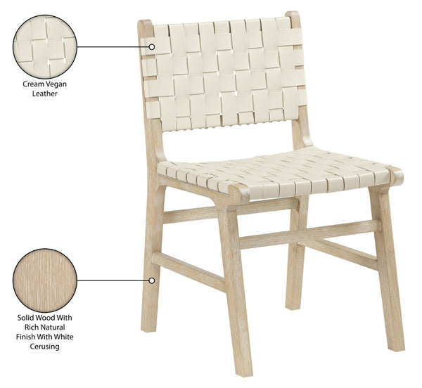 Meridian Furniture Entwine Art Deco Woven Vegan Leather Dining Chair with Cerused Wood Frame for Elegant Cream Style A 77025Cream-C