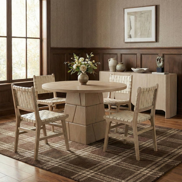 Meridian Furniture Entwine Art Deco Woven Vegan Leather Dining Chair with Cerused Wood Frame for Elegant Cream Style A 77025Cream-C