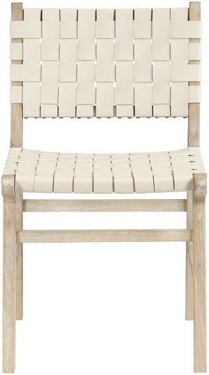 Meridian Furniture Entwine Art Deco Woven Vegan Leather Dining Chair with Cerused Wood Frame for Elegant Cream Style A 77025Cream-C