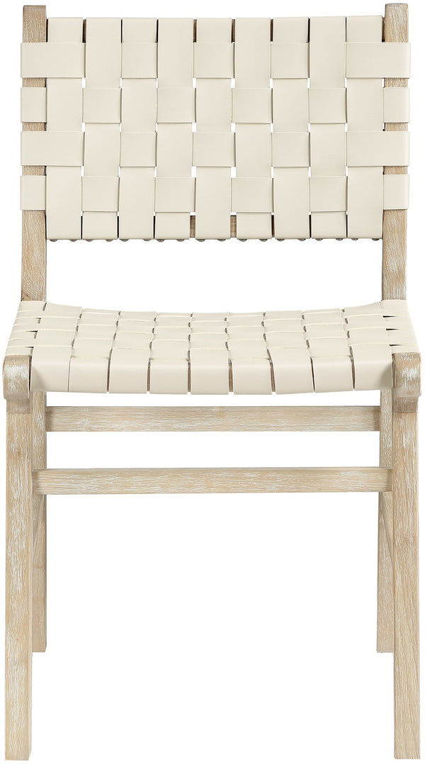 Meridian Furniture Entwine Art Deco Woven Vegan Leather Dining Chair with Cerused Wood Frame for Elegant Cream Style A 77025Cream-C