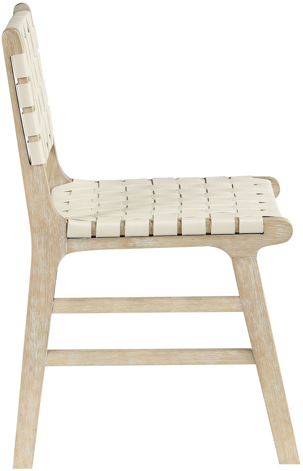 Meridian Furniture Entwine Art Deco Woven Vegan Leather Dining Chair with Cerused Wood Frame for Elegant Cream Style A 77025Cream-C