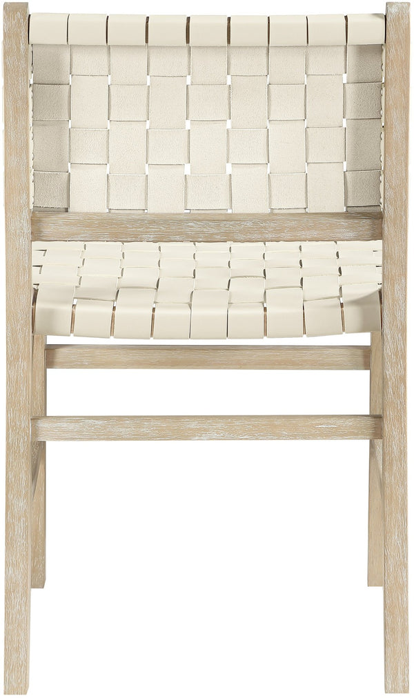 Meridian Furniture Entwine Art Deco Woven Vegan Leather Dining Chair with Cerused Wood Frame for Elegant Cream Style A 77025Cream-C