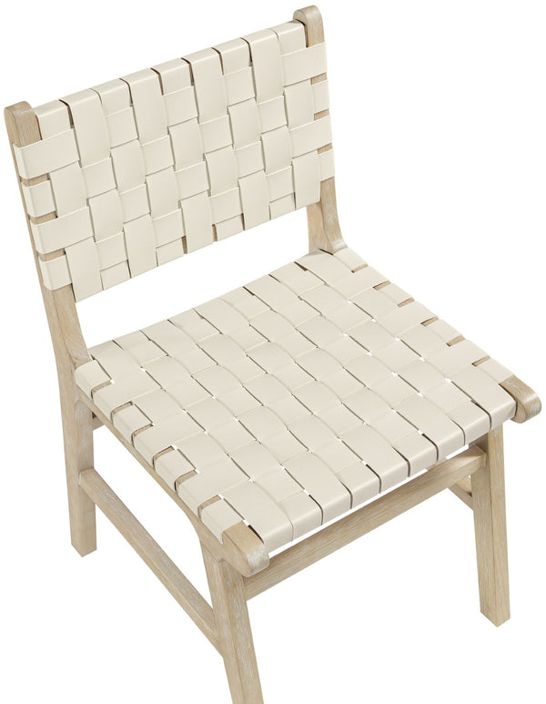 Meridian Furniture Entwine Art Deco Woven Vegan Leather Dining Chair with Cerused Wood Frame for Elegant Cream Style A 77025Cream-C