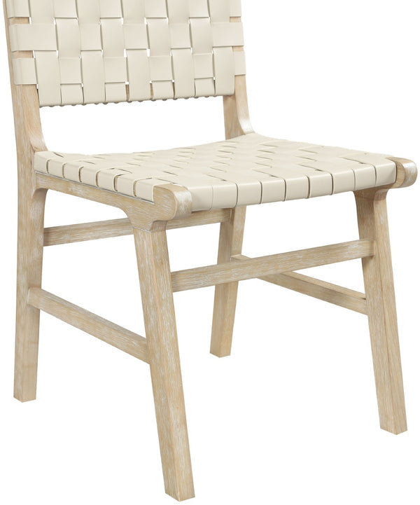 Meridian Furniture Entwine Art Deco Woven Vegan Leather Dining Chair with Cerused Wood Frame for Elegant Cream Style A 77025Cream-C