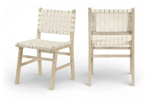 Meridian Furniture Entwine Art Deco Woven Vegan Leather Dining Chair with Cerused Wood Frame for Elegant Cream Style A 77025Cream-C