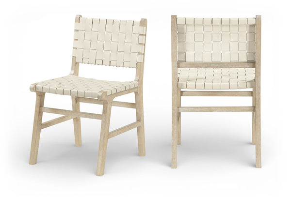 Meridian Furniture Entwine Art Deco Woven Vegan Leather Dining Chair with Cerused Wood Frame for Elegant Cream Style A 77025Cream-C