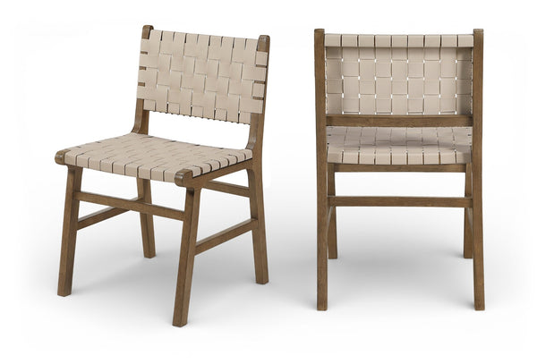 Meridian Furniture Entwine Art Deco Woven Vegan Leather Dining Chair with Cerused Wood Frame for Elegant Beige Style B 77026Beige-C