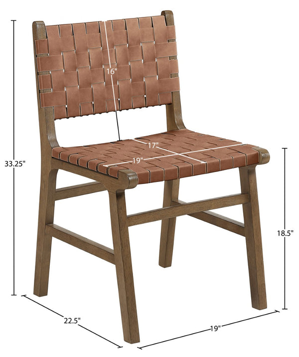 Meridian Furniture Entwine Art Deco Woven Vegan Leather Dining Chair with Cerused Wood Frame for Elegant Brown Style B 77026Brown-C