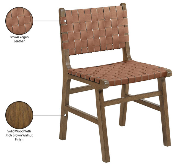 Meridian Furniture Entwine Art Deco Woven Vegan Leather Dining Chair with Cerused Wood Frame for Elegant Brown Style B 77026Brown-C