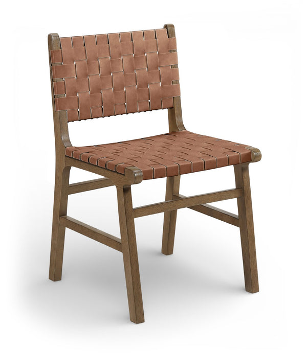 Meridian Furniture Entwine Art Deco Woven Vegan Leather Dining Chair with Cerused Wood Frame for Elegant Brown Style B 77026Brown-C