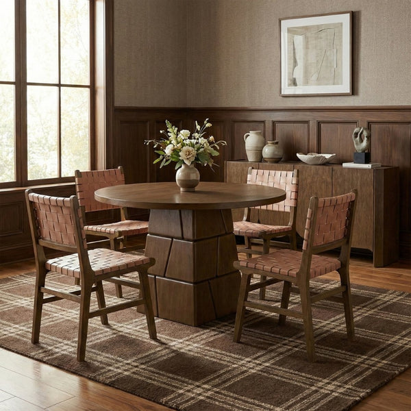 Meridian Furniture Entwine Art Deco Woven Vegan Leather Dining Chair with Cerused Wood Frame for Elegant Brown Style B 77026Brown-C