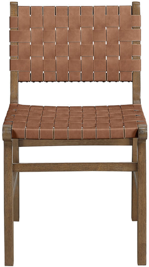 Meridian Furniture Entwine Art Deco Woven Vegan Leather Dining Chair with Cerused Wood Frame for Elegant Brown Style B 77026Brown-C