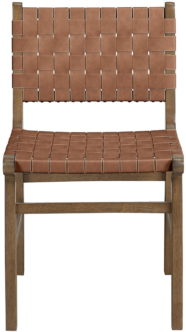 Meridian Furniture Entwine Art Deco Woven Vegan Leather Dining Chair with Cerused Wood Frame for Elegant Brown Style B 77026Brown-C