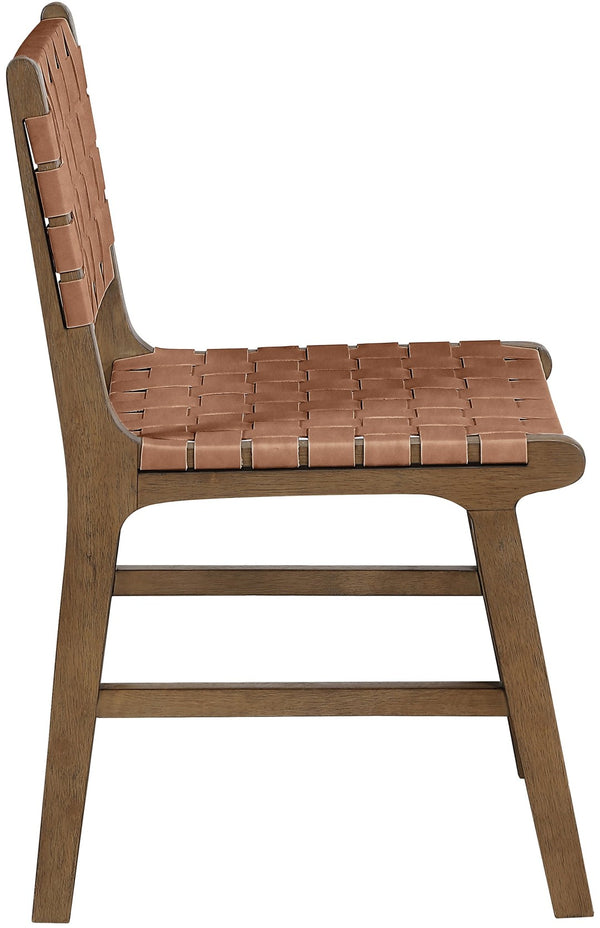 Meridian Furniture Entwine Art Deco Woven Vegan Leather Dining Chair with Cerused Wood Frame for Elegant Brown Style B 77026Brown-C