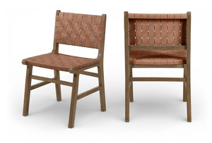 Meridian Furniture Entwine Art Deco Woven Vegan Leather Dining Chair with Cerused Wood Frame for Elegant Brown Style B 77026Brown-C