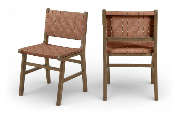 Meridian Furniture Entwine Art Deco Woven Vegan Leather Dining Chair with Cerused Wood Frame for Elegant Brown Style B 77026Brown-C