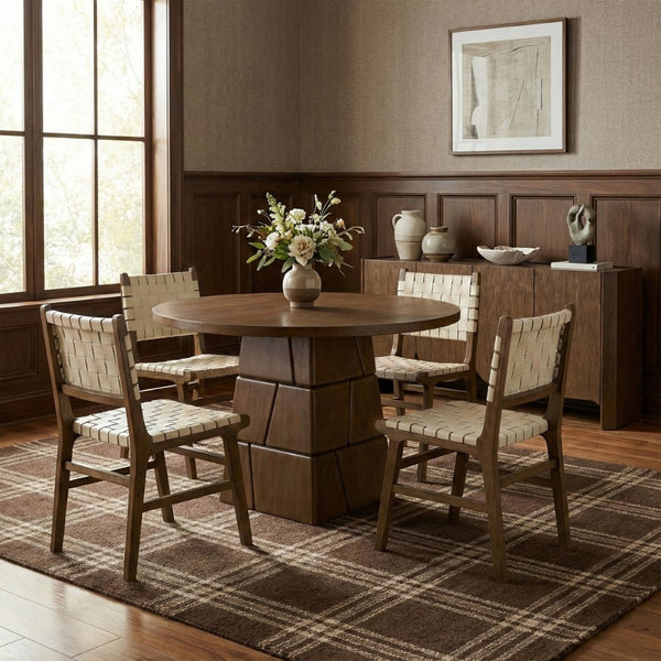 Meridian Furniture Entwine Art Deco Woven Vegan Leather Dining Chair with Cerused Wood Frame for Elegant Cream Style B 77026Cream-C