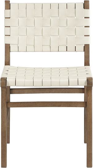 Meridian Furniture Entwine Art Deco Woven Vegan Leather Dining Chair with Cerused Wood Frame for Elegant Cream Style B 77026Cream-C