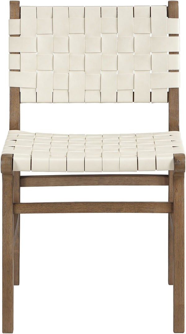 Meridian Furniture Entwine Art Deco Woven Vegan Leather Dining Chair with Cerused Wood Frame for Elegant Cream Style B 77026Cream-C