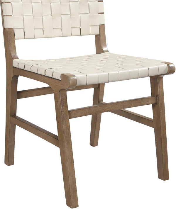 Meridian Furniture Entwine Art Deco Woven Vegan Leather Dining Chair with Cerused Wood Frame for Elegant Cream Style B 77026Cream-C