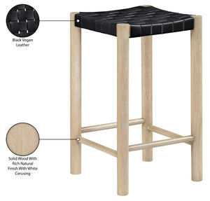 Meridian Furniture Entwine Woven Vegan Leather Counter Stool Art Deco Wood Frame Kitchen Island Seat 77027Black-C