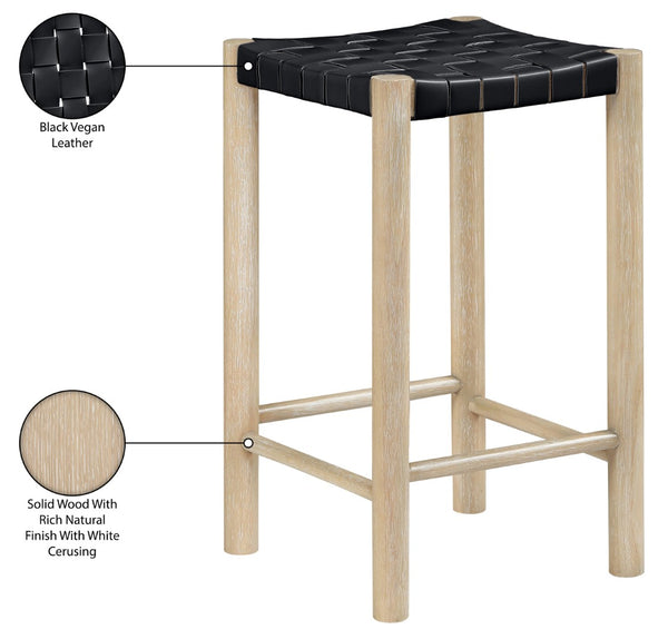 Meridian Furniture Entwine Woven Vegan Leather Counter Stool Art Deco Wood Frame Kitchen Island Seat 77027Black-C