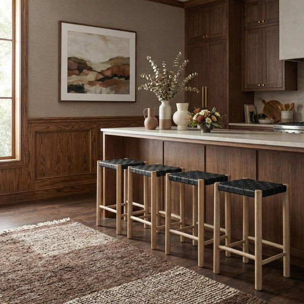 Meridian Furniture Entwine Woven Vegan Leather Counter Stool Art Deco Wood Frame Kitchen Island Seat 77027Black-C