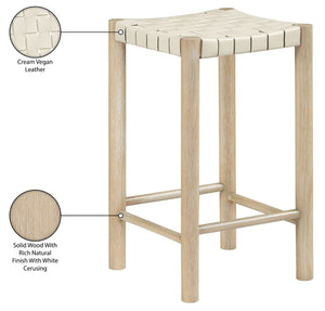 Meridian Furniture Entwine Woven Vegan Leather Counter Stool Solid Wood Art Deco Kitchen Island Seat 77027Cream-C