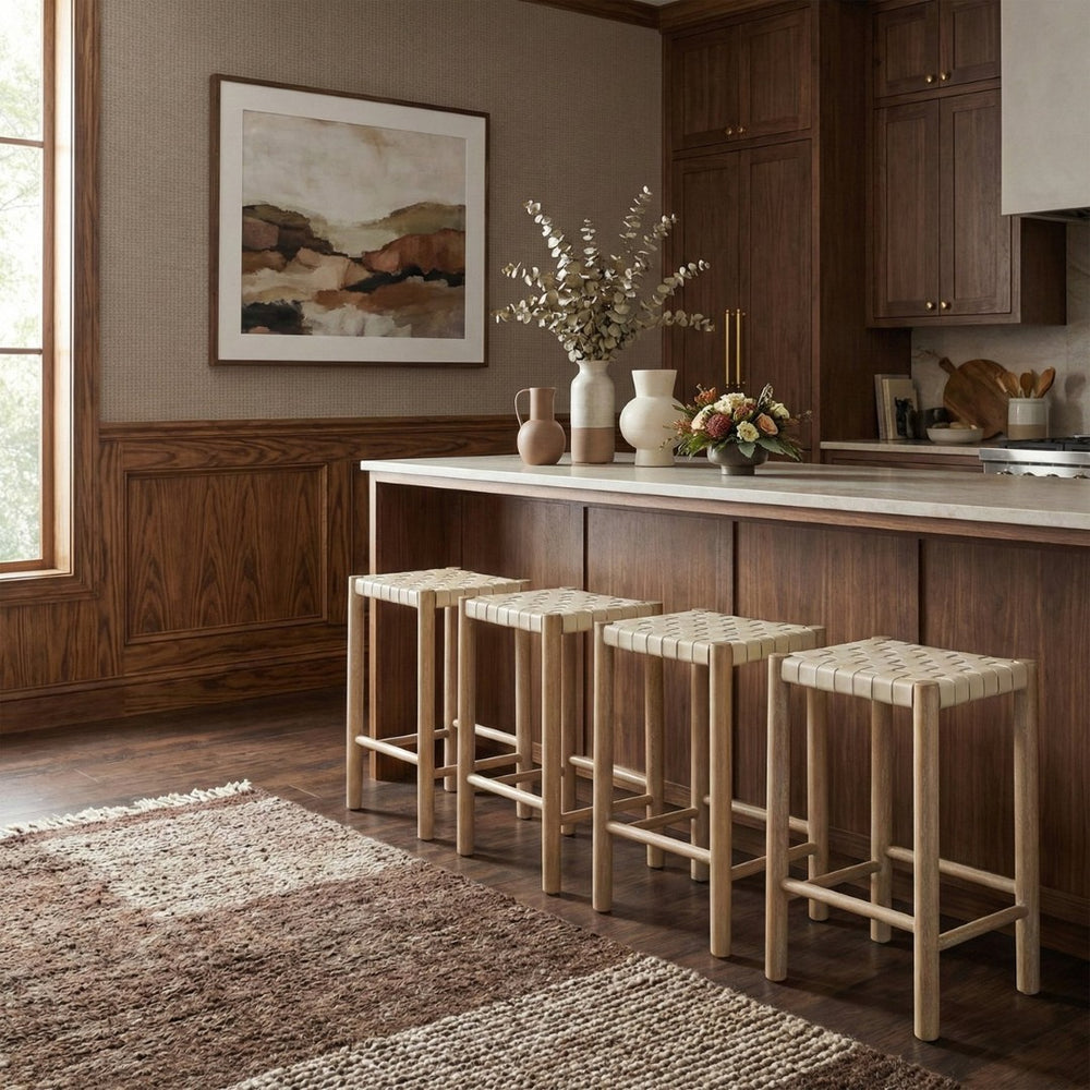 Meridian Furniture Entwine Woven Vegan Leather Counter Stool Solid Wood Art Deco Kitchen Island Seat 77027Cream-C