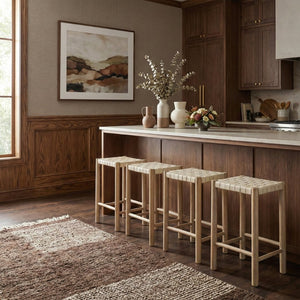 Meridian Furniture Entwine Woven Vegan Leather Counter Stool Solid Wood Art Deco Kitchen Island Seat 77027Cream-C