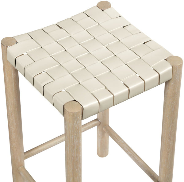 Meridian Furniture Entwine Woven Vegan Leather Counter Stool Solid Wood Art Deco Kitchen Island Seat 77027Cream-C