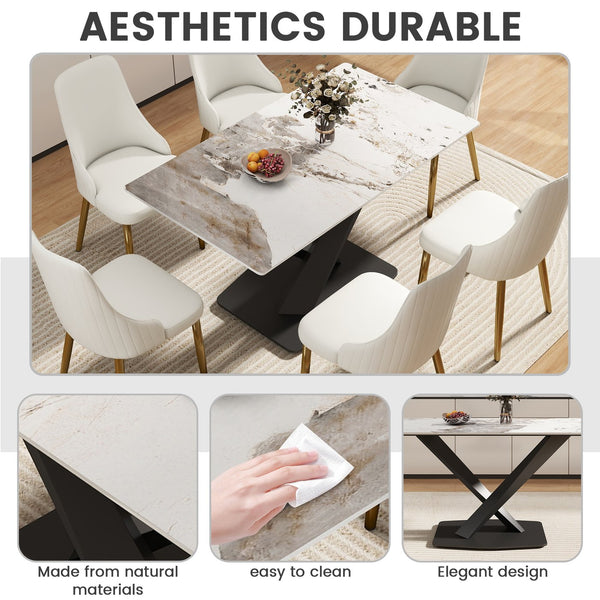English Elm 55.12" Modern Artificial Stone Dining Table With Black Metal X-Leg Base For 6 - Stylish & Durable W1535S00539
