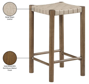 Meridian Furniture Entwine Woven Vegan Leather Counter Stool with Walnut Wood Frame Art Deco Craft 77028Beige-C