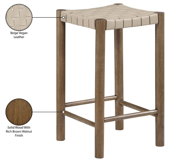 Meridian Furniture Entwine Woven Vegan Leather Counter Stool with Walnut Wood Frame Art Deco Craft 77028Beige-C