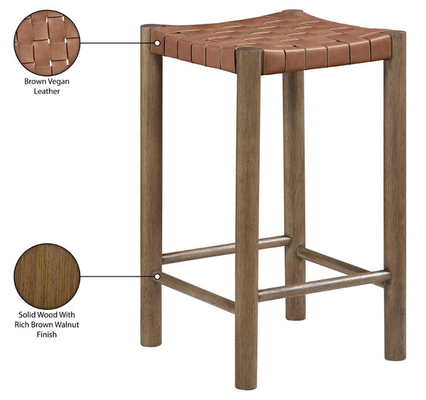 Meridian Furniture Entwine Woven Vegan Leather Counter Stool with Solid Wood Walnut Art Deco Frame 77028Brown-C