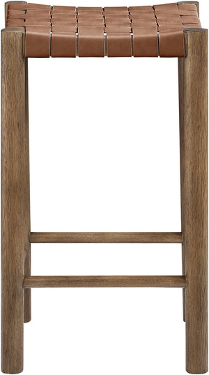 Meridian Furniture Entwine Woven Vegan Leather Counter Stool with Solid Wood Walnut Art Deco Frame 77028Brown-C