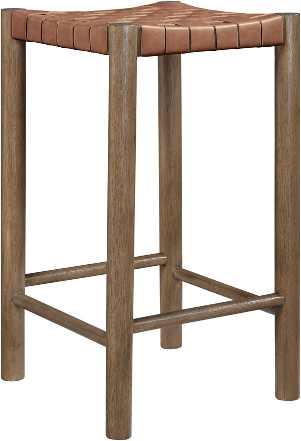 Meridian Furniture Entwine Woven Vegan Leather Counter Stool with Solid Wood Walnut Art Deco Frame 77028Brown-C