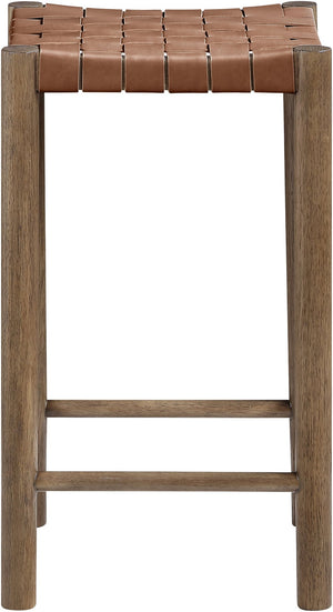 Meridian Furniture Entwine Woven Vegan Leather Counter Stool with Solid Wood Walnut Art Deco Frame 77028Brown-C