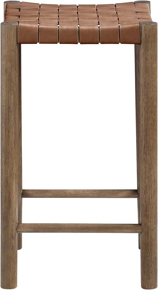 Meridian Furniture Entwine Woven Vegan Leather Counter Stool with Solid Wood Walnut Art Deco Frame 77028Brown-C