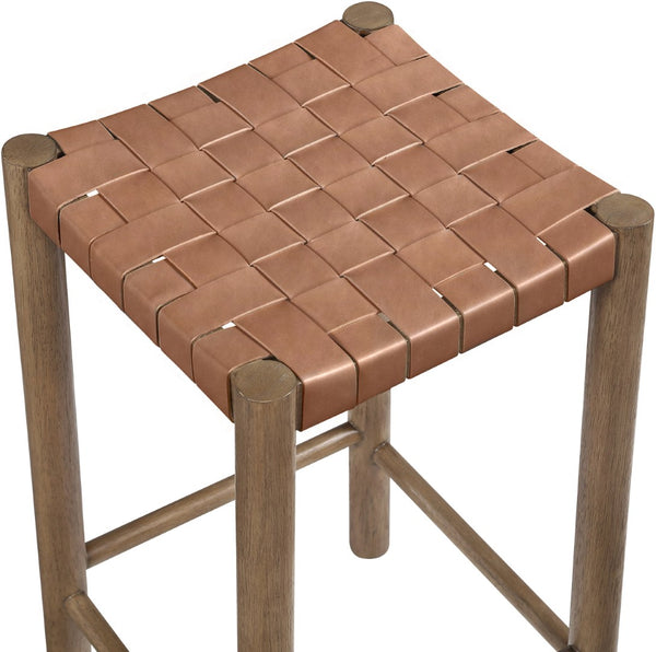 Meridian Furniture Entwine Woven Vegan Leather Counter Stool with Solid Wood Walnut Art Deco Frame 77028Brown-C