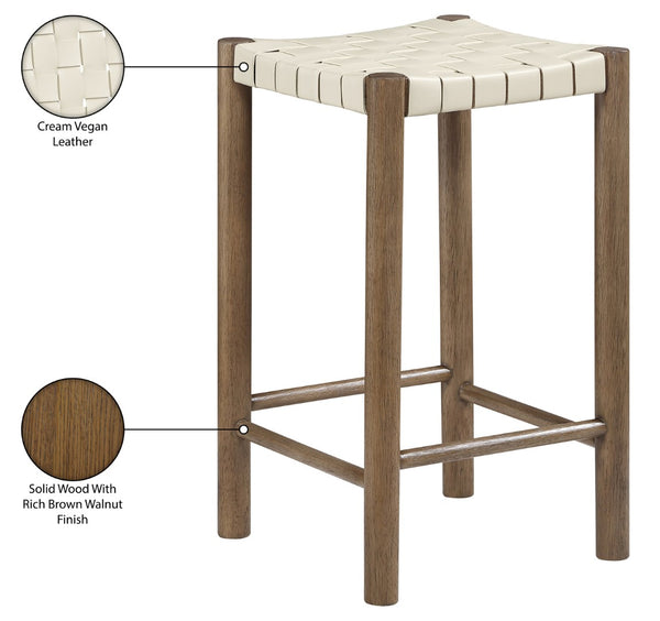 Meridian Furniture Entwine Woven Vegan Leather Counter Stool Walnut Wood Frame Art Deco Kitchen 77028Cream-C