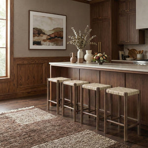 Meridian Furniture Entwine Woven Vegan Leather Counter Stool Walnut Wood Frame Art Deco Kitchen 77028Cream-C