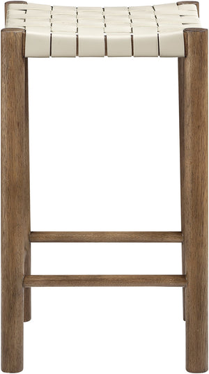 Meridian Furniture Entwine Woven Vegan Leather Counter Stool Walnut Wood Frame Art Deco Kitchen 77028Cream-C