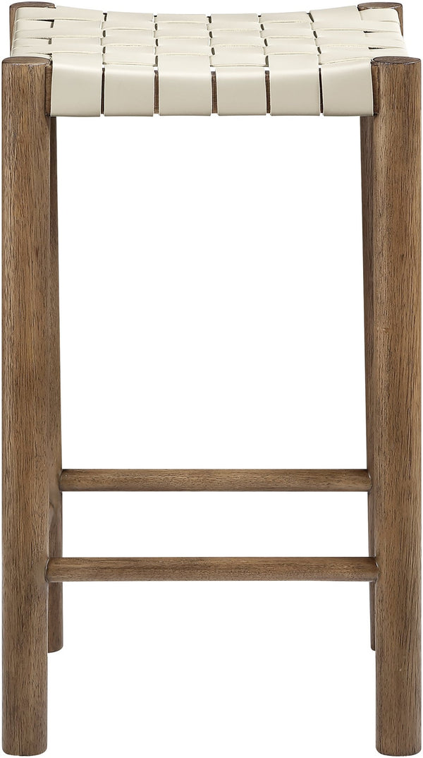 Meridian Furniture Entwine Woven Vegan Leather Counter Stool Walnut Wood Frame Art Deco Kitchen 77028Cream-C