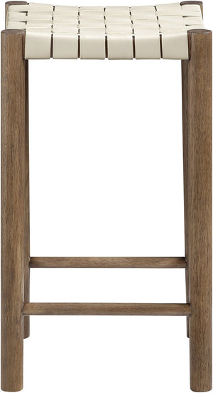 Meridian Furniture Entwine Woven Vegan Leather Counter Stool Walnut Wood Frame Art Deco Kitchen 77028Cream-C