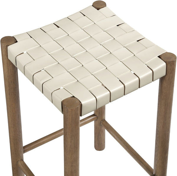 Meridian Furniture Entwine Woven Vegan Leather Counter Stool Walnut Wood Frame Art Deco Kitchen 77028Cream-C